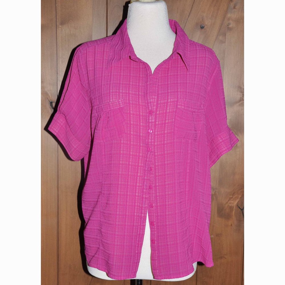 Apparenza Raspberry Silky Short Sleeve Blouse With 2 Small Front Pockets